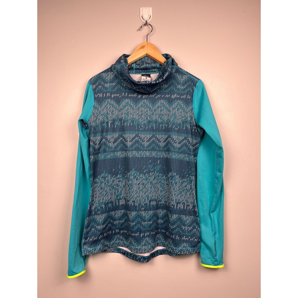 Nike Pro Dri-FIT Top L Teal Geometric Cowl Neck Thumbholes Studio Core Yoga Run